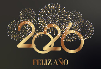 Tarjeta o pancarta para desear un feliz año nuevo 2026 en dorado con un fuego artificial dorado sobre un fondo negro detrás.