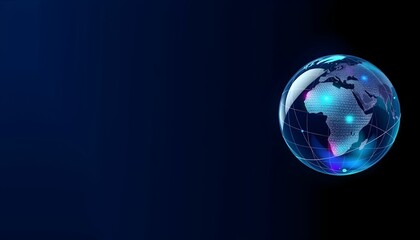 A glowing, digital globe displaying continents against a dark blue background.