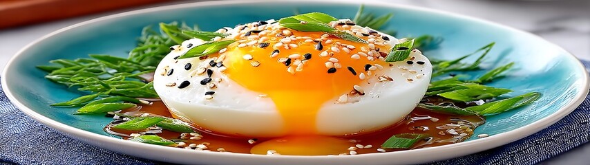 Poached egg with sesame seeds and green onions