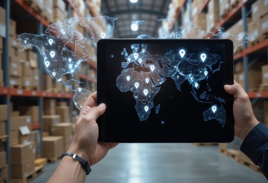 Global supply chain digitization through digital map displayed on tablet
