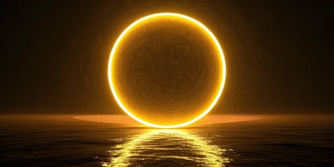 A glowing yellow circle reflected on a dark water surface under a dark background