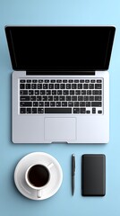 Laptop, coffee, pen, phone on a light blue surface