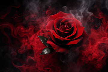 Red rose with smoke on black background