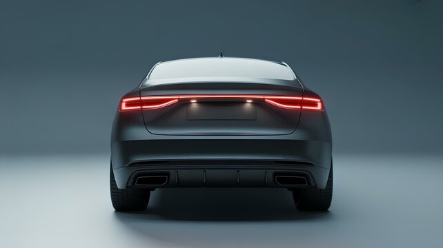 Rear View of Premium Black Car in Studio with LED Lights. Modern Luxury Automobile, Sleek Glossy Finish, Auto Detailing, Performance Vehicle Concept for Transport and Automotive Design