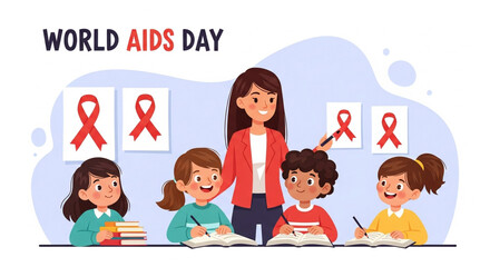 "A symbolic image representing AIDS awareness with red ribbons, medical icons, and hopeful imagery to promote education and compassion."

