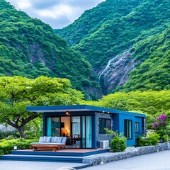 Modern cabin nestled in lush mountains