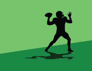 American football quarterback throwing ball silhouette on green background