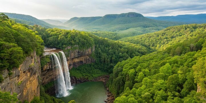 Aerial view of a waterfall cascading into a pool surrounded by lush green forest hills - Powered by Adobe