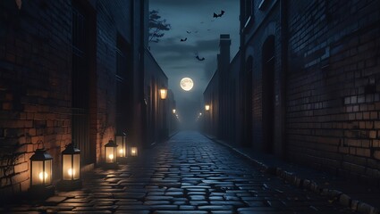 Fototapeta premium Moonlight illuminates a cobblestone street in a mysterious alleyway, lanterns casting a spooky glow on the brick buildings.