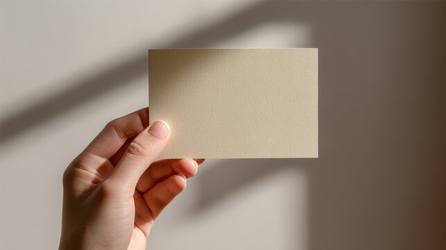 hand holding a blank small beige portrait invitation card, soft natural background