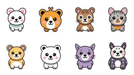 Collection of cute cartoon animals isolated on transparent background