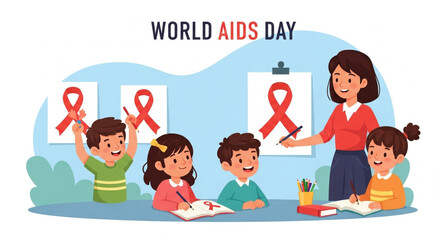 "A symbolic image representing AIDS awareness with red ribbons, medical icons, and hopeful imagery to promote education and compassion."

