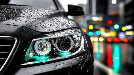 Car headlights in rain, city lights blurred