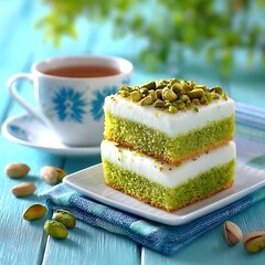 Pistachio layered cake with tea