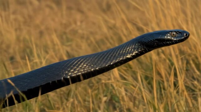 Black mamba in tall grass, scales shimmering. Venomous apex predator, surveying surroundings cautiously. One of the world's deadliest.