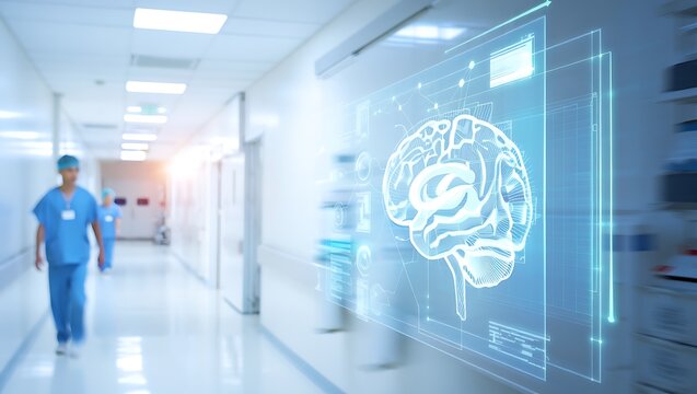 Brain scan in hospital hallway, new technology in healthcare, Doctors walking in medical center with digital brain illustration, innovative care