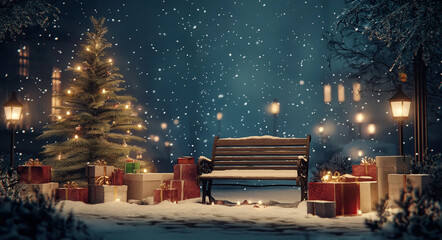 Fototapeta premium Enchanting christmas scene with snowy tree and gifts winter wonderland cozy environment festive atmosphere