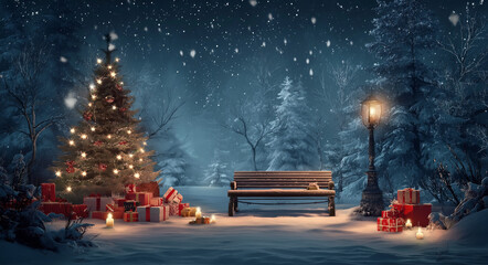 Obraz premium Enchanting christmas scene with tree and gifts winter wonderland nighttime serene atmosphere