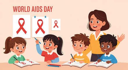 "A symbolic image representing AIDS awareness with red ribbons, medical icons, and hopeful imagery to promote education and compassion."

