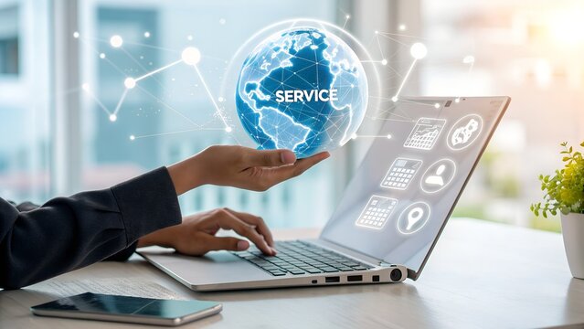 A person is using a laptop with a digital globe displaying the word service hovering above their hand, representing global business and technology solutions