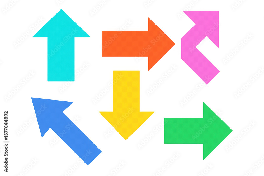 Poster multicolored directional arrows converging across transparent backdrop, indicating movement, flow, a