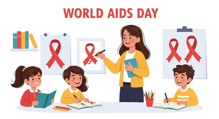 "A symbolic image representing AIDS awareness with red ribbons, medical icons, and hopeful imagery to promote education and compassion."

