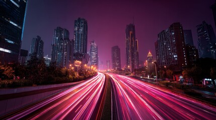 Obraz premium Highway at night, lit up Skyscrapers, Dark Purple and Wine Red gradients, Steel, Concrete, lights