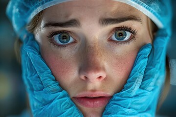 Female Doctor with Concerned Expression During Surgical Procedure Close-Up Photo