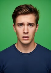 Man with worried expression standing in front of bright green chroma key background