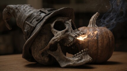 human skull spitting fire, this skull has a witch hat on it and it is supported by a pumkin