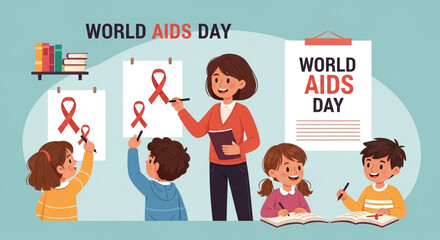 "A symbolic image representing AIDS awareness with red ribbons, medical icons, and hopeful imagery to promote education and compassion."

