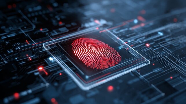 Fingerprint on illuminated circuit board, glimpse into digital security and biometric technology