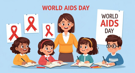 "A symbolic image representing AIDS awareness with red ribbons, medical icons, and hopeful imagery to promote education and compassion."

