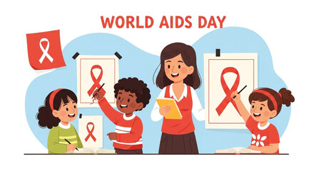 "A symbolic image representing AIDS awareness with red ribbons, medical icons, and hopeful imagery to promote education and compassion."

