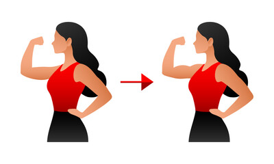 Woman shows arms before and after strength training. Athletic girl bends her arm with muscular biceps as symbol of healthy fitness and bodybuilding