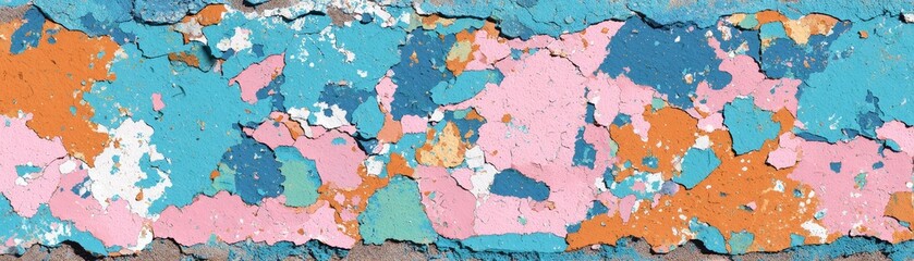 Fototapeta premium Colorful textured wall with peeling paint, closeup view of distressed aesthetic and vibrant colors