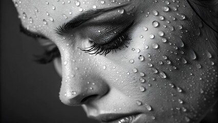 Dramatic High-Contrast Black and White Close-Up Profile Portrait of Woman with Water Droplets
