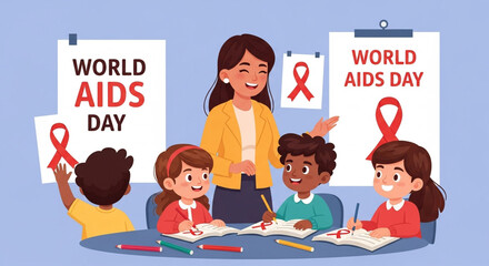 "A symbolic image representing AIDS awareness with red ribbons, medical icons, and hopeful imagery to promote education and compassion."

