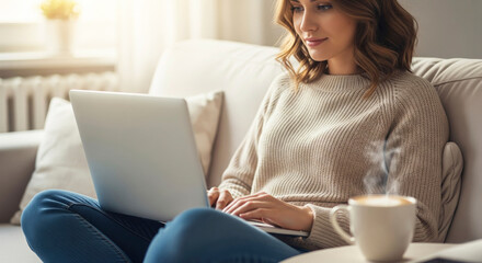 Fototapeta premium Woman works/studies remotely on laptop at home. Modern flexible lifestyle, e-learning, online convenience.