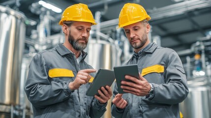 industrial engineers with tablets in their hands share their experience in designing digital plans for industrial enterprises
