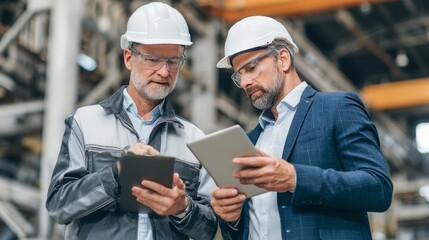 industrial engineers with tablets in their hands share their experience in designing digital plans for industrial enterprises