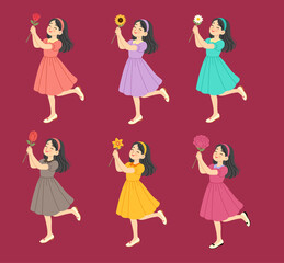 Girls Holding Flowers Cute Cartoon Style Illustration