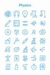 Collection of physics icons, illustrating scientific concepts and elements.