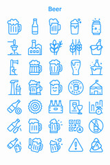 Obraz premium Collection of blue line art icons representing various aspects of beer production, consumption, and related concepts.
