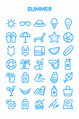 Summer themed icon set featuring beach, vacation, and holiday related symbols in blue outline.
