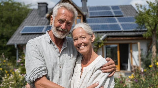 Joyful couple embracing in front of a house equipped with solar panels, showcasing sustainable actions and green living