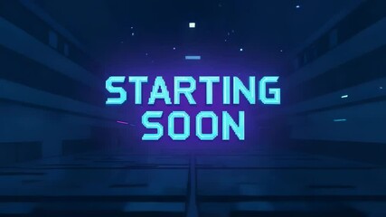 Futuristic stream starting soon animation with neon lights and pixelated text in a 3D rendered digital environment - Powered by Adobe
