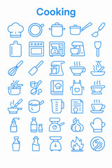 Blue line art icons depicting various cooking utensils, appliances, and food preparation actions.