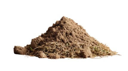 Pile of Soil with Grass: A close-up shot of a pile of rich brown soil, textured with bits of grass, isolated against a clean background.  The image evokes feelings of growth, new beginnings.