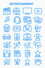 Collection of simple line art icons representing various entertainment activities.